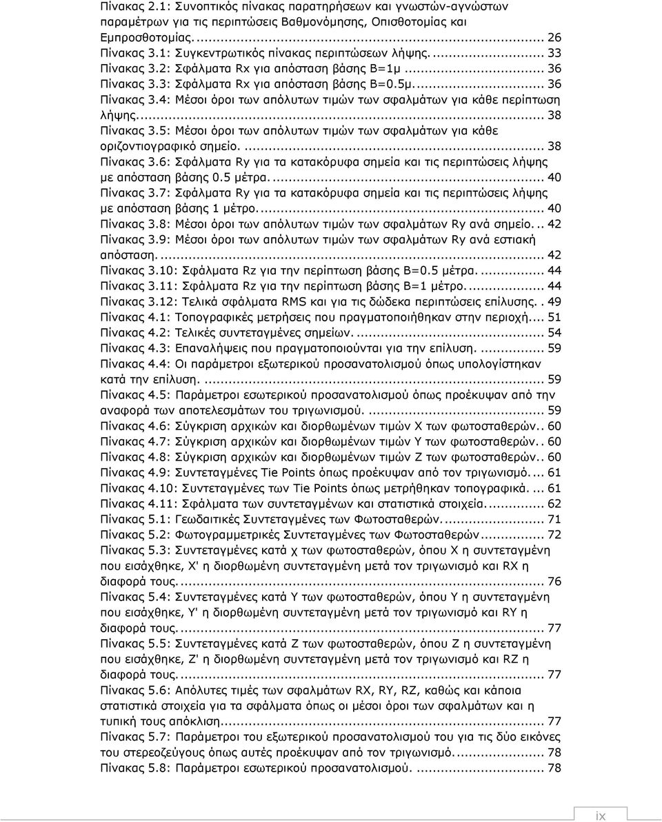 ... 38 Πίνακας 3.5: Μέσοι όροι των απόλυτων τιμών των σφαλμάτων για κάθε οριζοντιογραφικό σημείο.... 38 Πίνακας 3.6: Σφάλματα Ry για τα κατακόρυφα σημεία και τις περιπτώσεις λήψης με απόσταση βάσης 0.