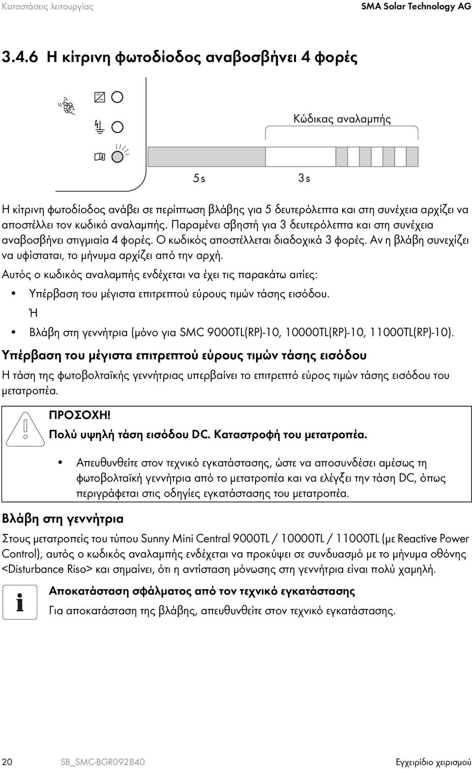 Παραμένει σβηστή για 3 δευτερόλεπτα και στη συνέχεια αναβοσβήνει στιγμιαία 4 φορές. Ο κωδικός αποστέλλεται διαδοχικά 3 φορές. Αν η βλάβη συνεχίζει να υφίσταται, το μήνυμα αρχίζει από την αρχή.