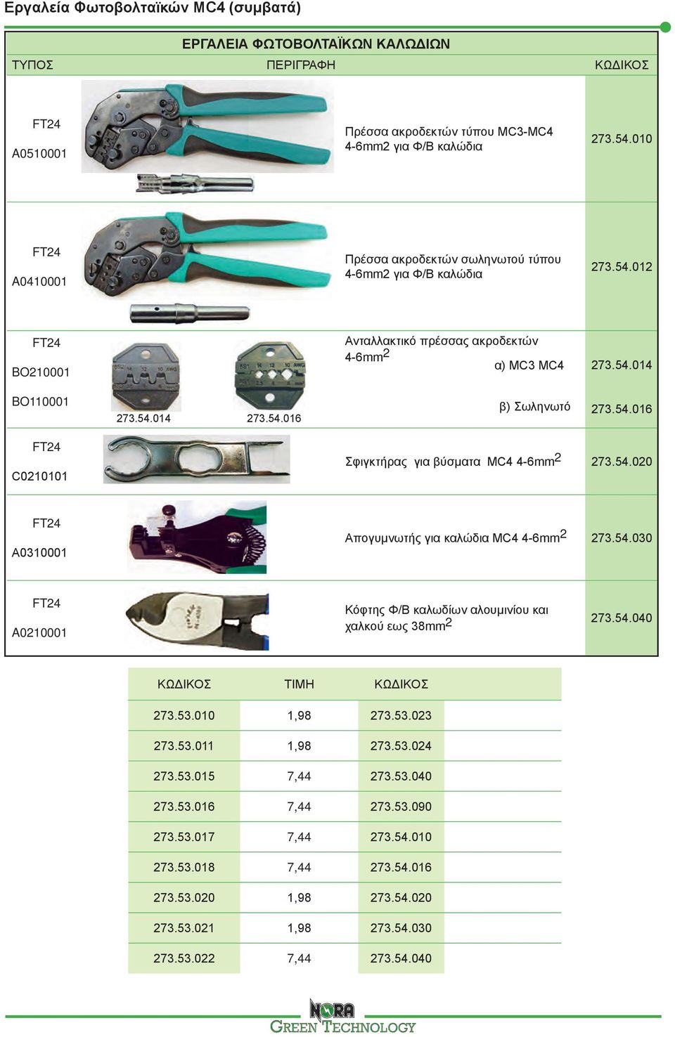 54.020 A0310001 Απογυμνωτής για καλώδια MC4 4-6mm 2 273.54.030 A0210001 Κόφτης Φ/Β καλωδίων αλουμινίου και χαλκού εως 38mm 2 273.54.040 ΤΙΜΗ 273.53.010 1,98 273.53.023 273.53.011 1,98 273.53.024 273.