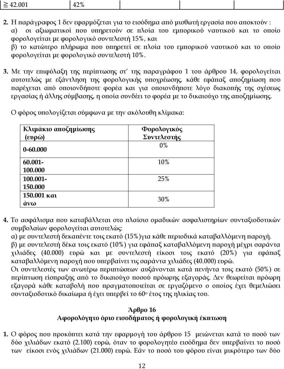 15%, και β) το κατώτερο πλήρωμα που υπηρετεί σε πλοία του εμπορικού ναυτικού και το οποίο φορολογείται με φορολογικό συντελεστή 10%. 3.