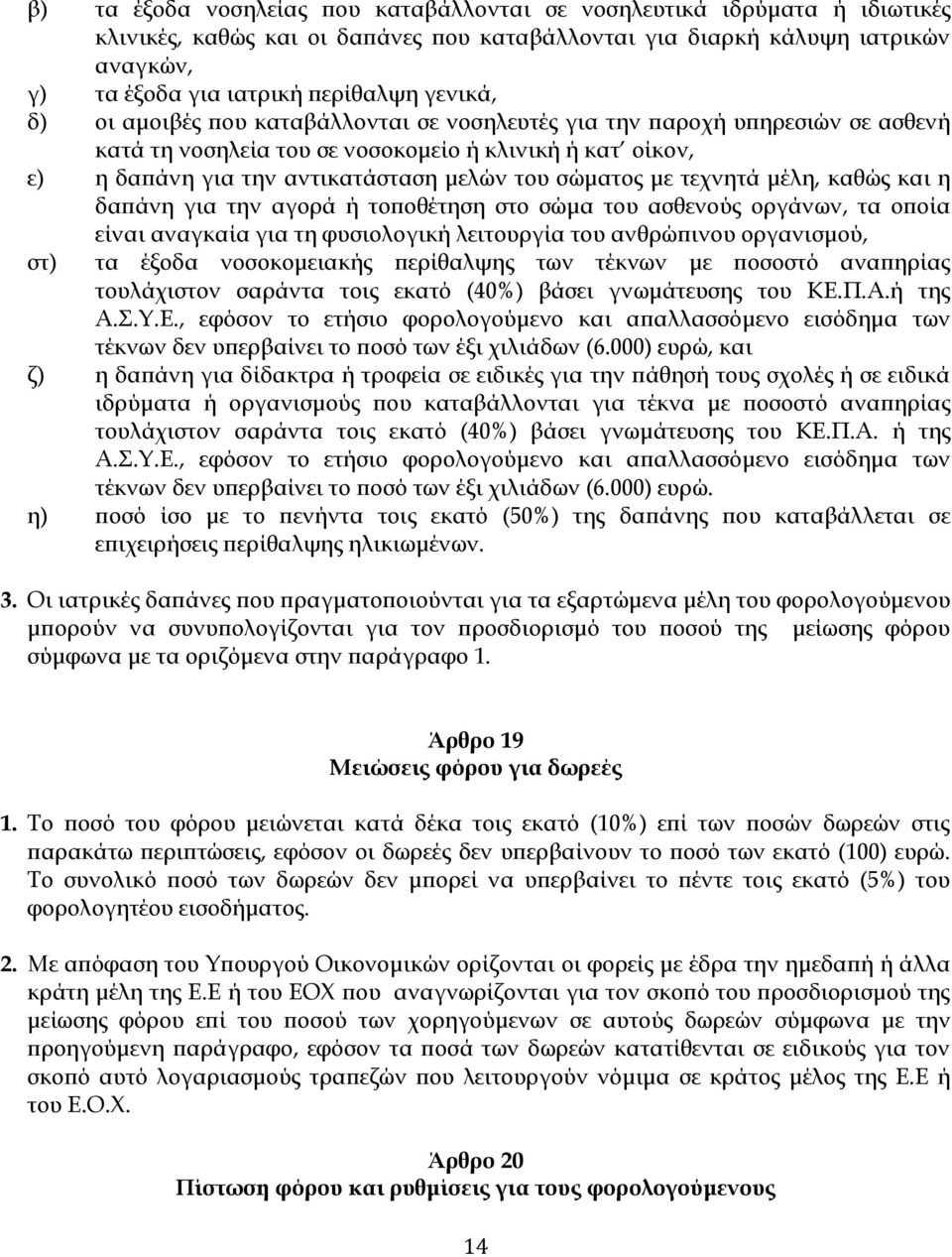 με τεχνητά μέλη, καθώς και η δαπάνη για την αγορά ή τοποθέτηση στο σώμα του ασθενούς οργάνων, τα οποία είναι αναγκαία για τη φυσιολογική λειτουργία του ανθρώπινου οργανισμού, στ) τα έξοδα