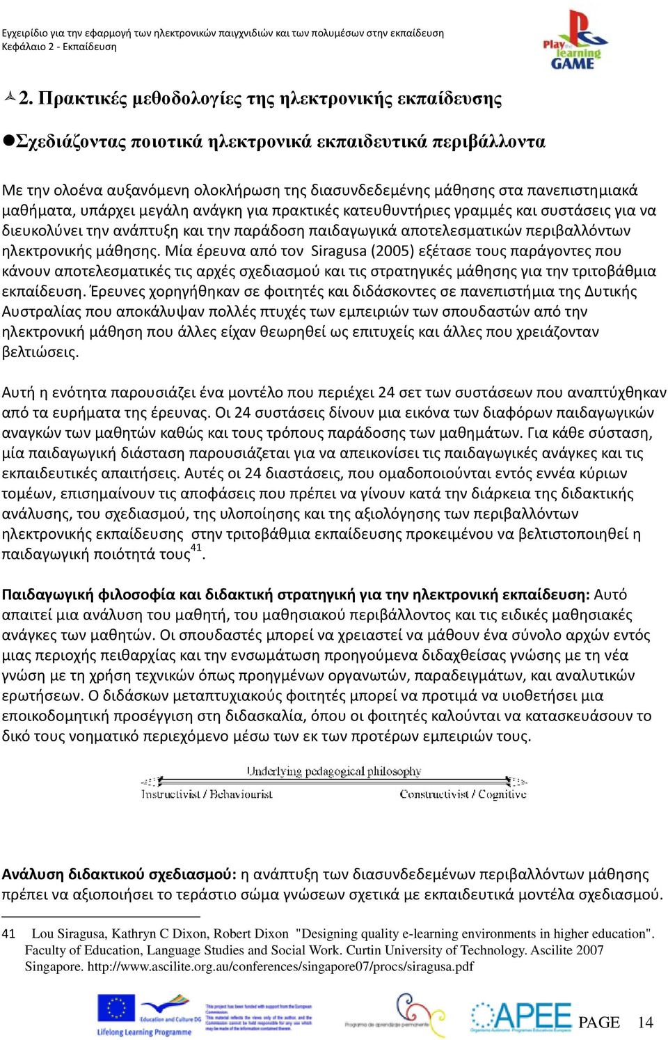 Μία έρευνα από τον Siragusa (2005) εξέτασε τους παράγοντες που κάνουν αποτελεσματικές τις αρχές σχεδιασμού και τις στρατηγικές μάθησης για την τριτοβάθμια εκπαίδευση.