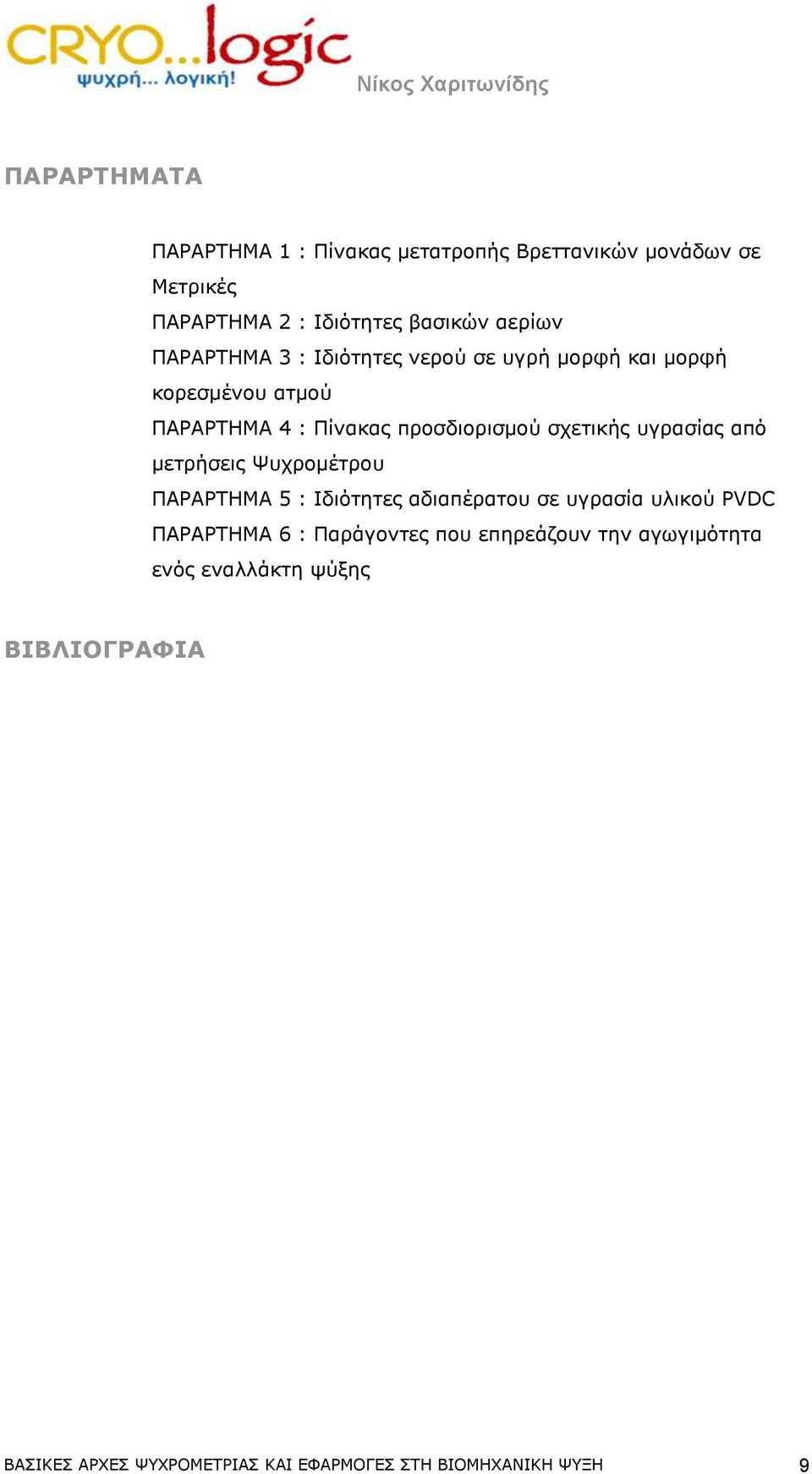 υγρασίας από μετρήσεις Ψυχρομέτρου ΠΑΡΑΡΤΗΜΑ 5 : Ιδιότητες αδιαπέρατου σε υγρασία υλικού PVDC ΠΑΡΑΡΤΗΜΑ 6 : Παράγοντες