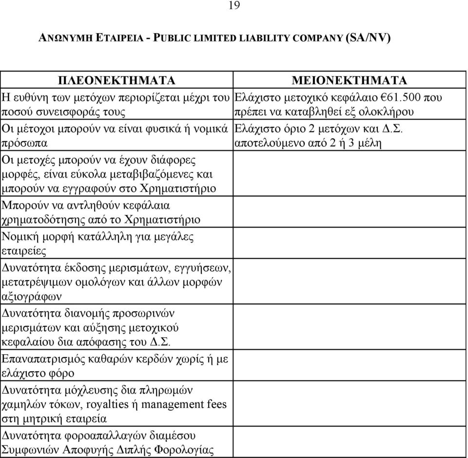 πρόσωπα αποτελούμενο από 2 ή 3 μέλη Οι μετοχές μπορούν να έχουν διάφορες μορφές, είναι εύκολα μεταβιβαζόμενες και μπορούν να εγγραφούν στο Χρηματιστήριο Μπορούν να αντληθούν κεφάλαια χρηματοδότησης