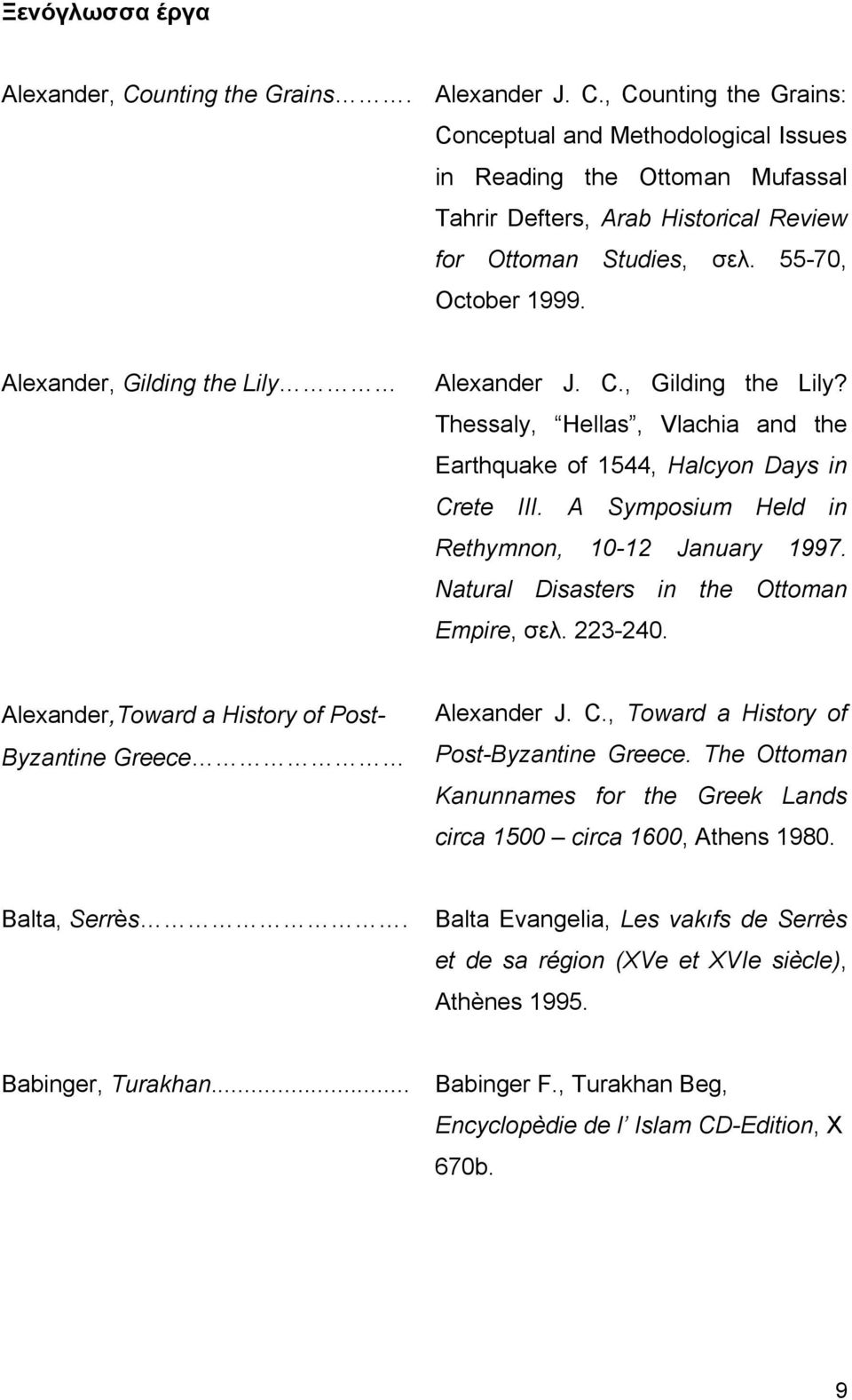 A Symposium Held in Rethymnon, 10-12 January 1997. Natural Disasters in the Ottoman Empire, σελ. 223-240. Alexander,Toward a History of Post- Byzantine Greece Alexander J. C.