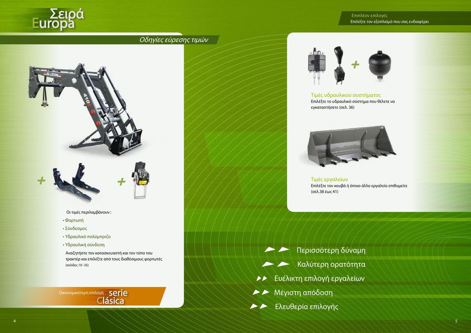 38 έως 41) Οι τιμές περιλαμβάνουν : Φορτωτή Σύνδεσμος Υδραυλικό πολύμπριζο Υδραυλική σύνδεση Αναζητήστε τον κατασκευαστή και τον τύπο του τρακτέρ και
