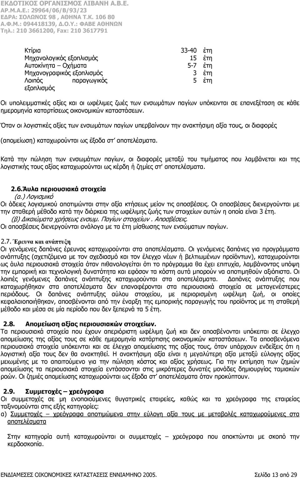 Όταν οι λογιστικές αξίες των ενσωμάτων παγίων υπερβαίνουν την ανακτήσιμη αξία τους, οι διαφορές (απομείωση) καταχωρούνται ως έξοδα στ αποτελέσματα.