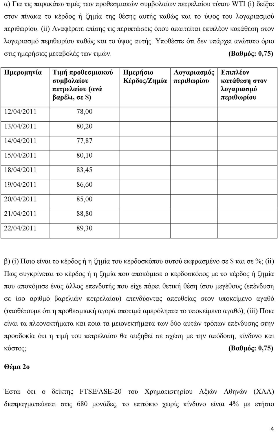 (Βαθμός: 0,75) Ημερομηνία Τιμή προθεσμιακού συμβολαίου πετρελαίου (ανά βαρέλι, σε $) Ημερήσιο Κέρδος/Ζημία Λογαριασμός περιθωρίου Επιπλέον κατάθεση στον λογαριασμό περιθωρίου 12/04/2011 78,00