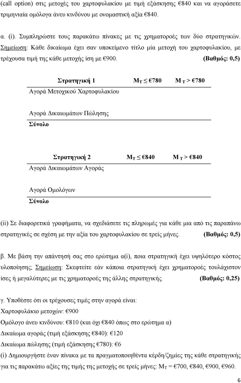 (Βαθμός: 0,5) Στρατηγική 1 Μ T 780 Μ T > 780 Αγορά Μετοχικού Χαρτοφυλακίου Αγορά Δικαιωμάτων Πώλησης Σύνολο Στρατηγική 2 Μ T 840 Μ T > 840 Αγορά Δικαιωμάτων Αγοράς Αγορά Ομολόγων Σύνολο (ii) Σε
