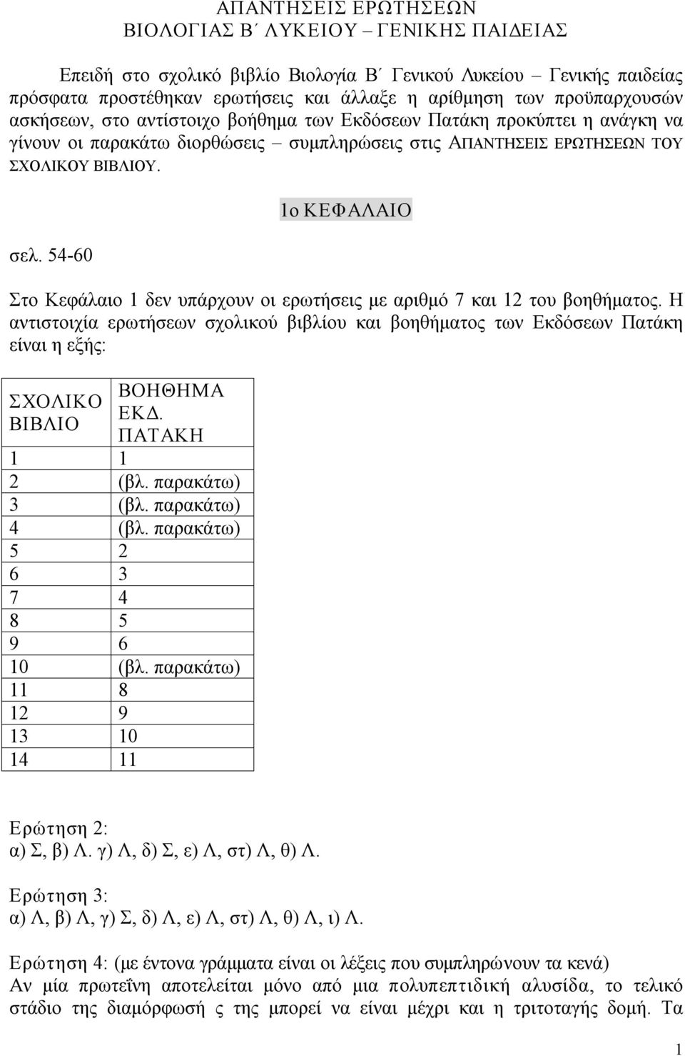 54 60 1ο ΚΕΦΑΛΑΙΟ Στο Κεφάλαιο 1 δεν υπάρχουν οι ερωτήσεις με αριθμό 7 και 12 του βοηθήματος. Η αντιστοιχία ερωτήσεων σχολικού βιβλίου και βοηθήματος των Εκδόσεων Πατάκη είναι η εξής: 2 (βλ.