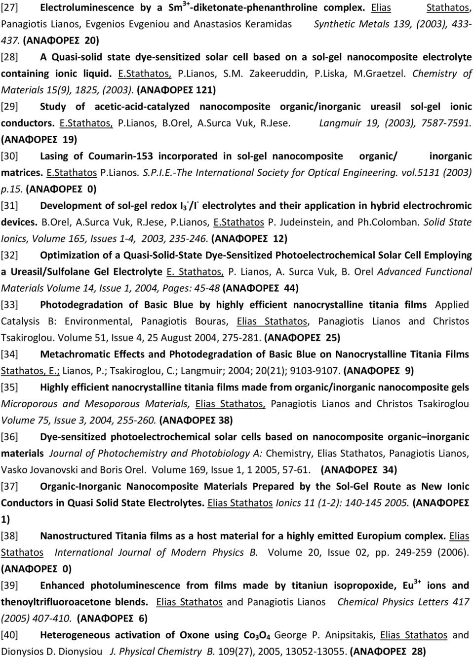 Chemistry of Materials 15(9), 1825, (2003). (ΑΝΑΦΟΡΕΣ 121) [29] Study of acetic acid catalyzed nanocomposite organic/inorganic ureasil sol gel ionic conductors. E.Stathatos, P.Lianos, B.Orel, A.
