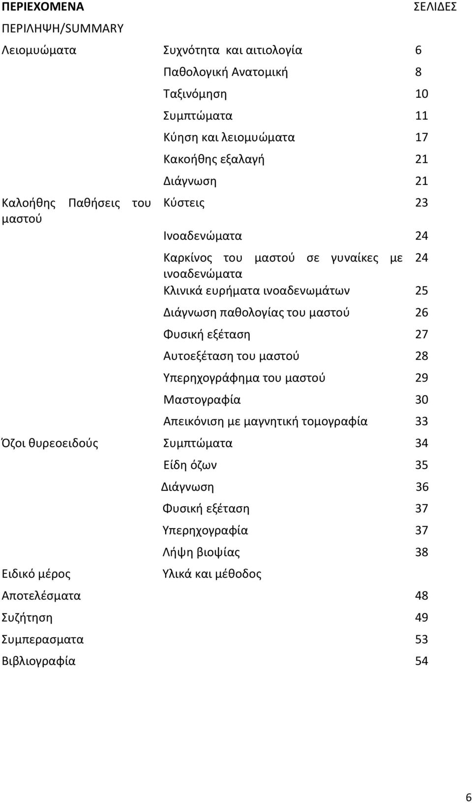 παθολογίας του μαστού 26 Φυσική εξέταση 27 Αυτοεξέταση του μαστού 28 Υπερηχογράφημα του μαστού 29 Μαστογραφία 30 Απεικόνιση με μαγνητική τομογραφία 33 Όζοι θυρεοειδούς