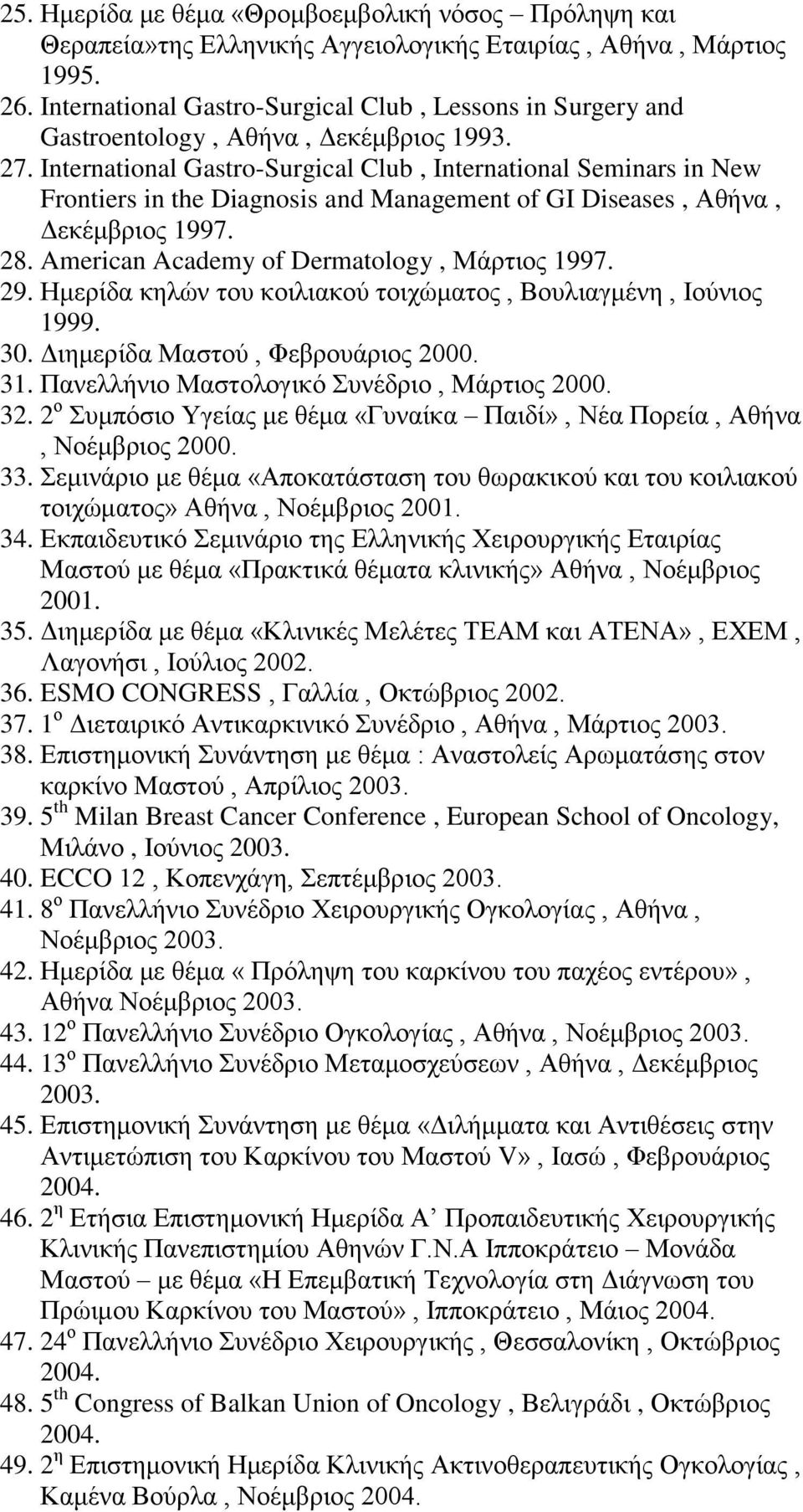 International Gastro-Surgical Club, International Seminars in New Frontiers in the Diagnosis and Management of GI Diseases, Αθήνα, Δεκέμβριος 1997. 28. American Academy of Dermatology, Μάρτιος 1997.