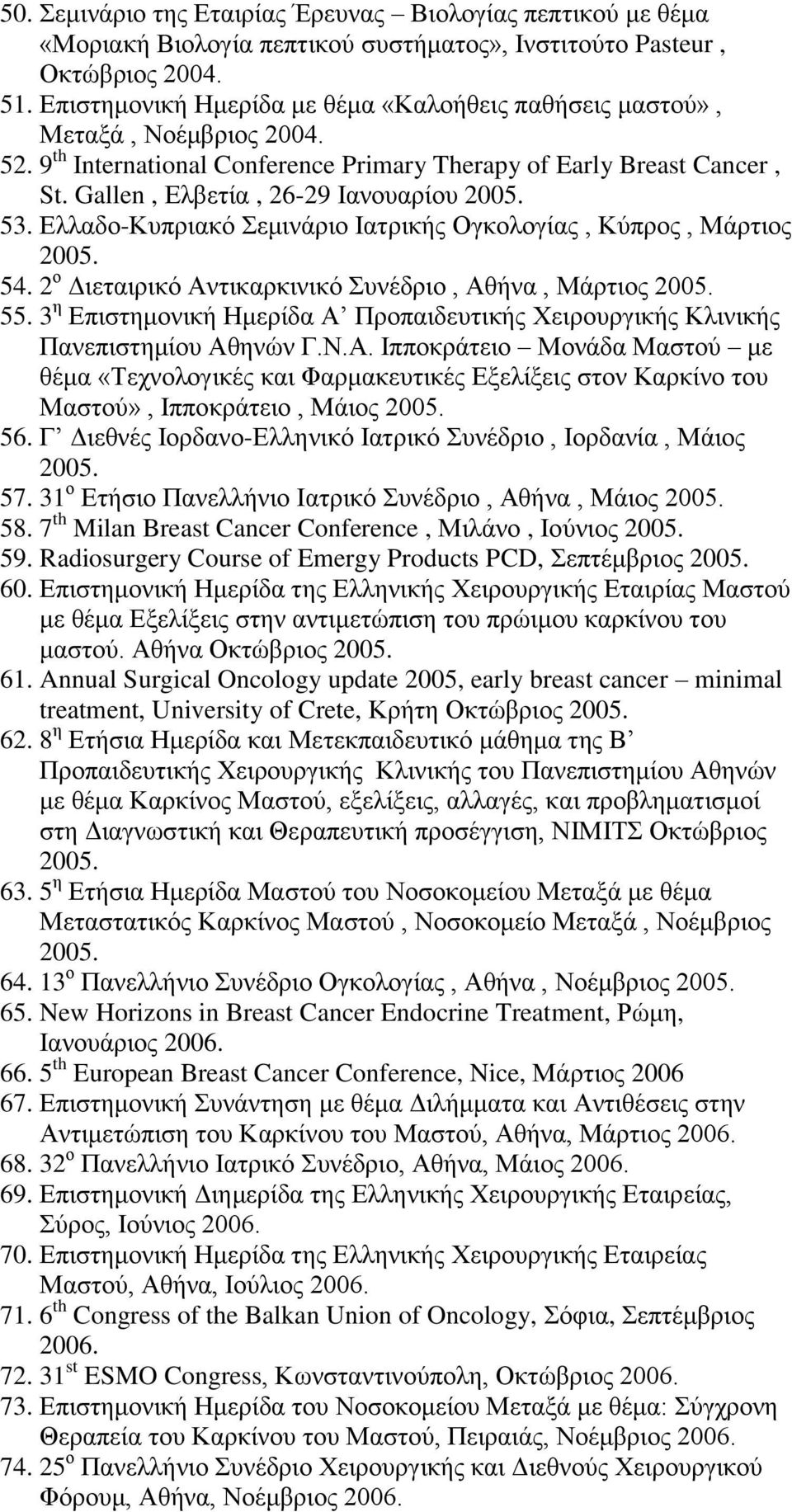 53. Ελλαδο-Κυπριακό Σεμινάριο Ιατρικής Ογκολογίας, Κύπρος, Μάρτιος 2005. 54. 2 ο Διεταιρικό Αντικαρκινικό Συνέδριο, Αθήνα, Μάρτιος 2005. 55.