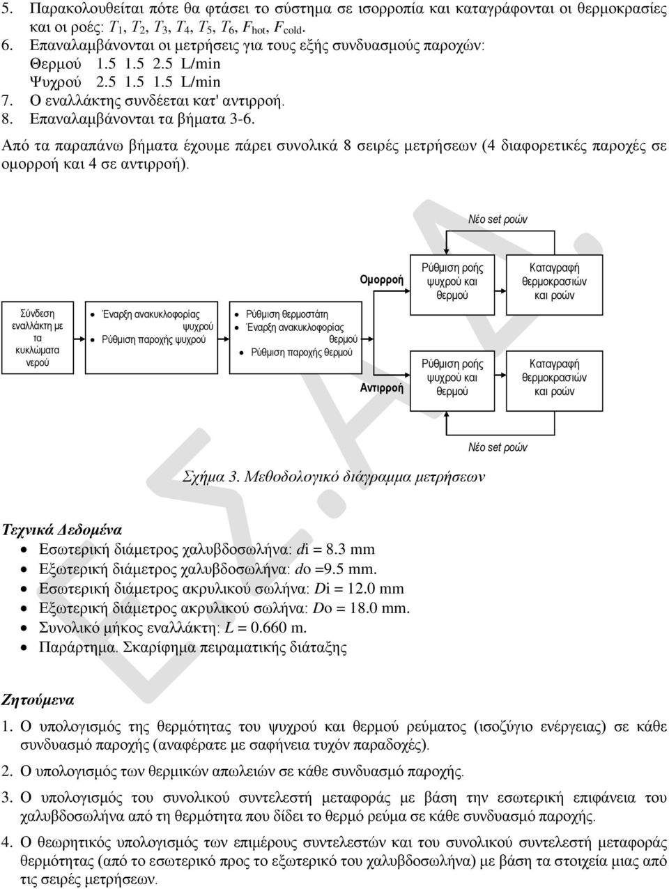 Επαναλαμβάνονται τα βήματα 3-6. Από τα παραπάνω βήματα έχουμε πάρει συνολικά 8 σειρές μετρήσεων (4 διαφορετικές παροχές σε ομορροή και 4 σε αντιρροή).