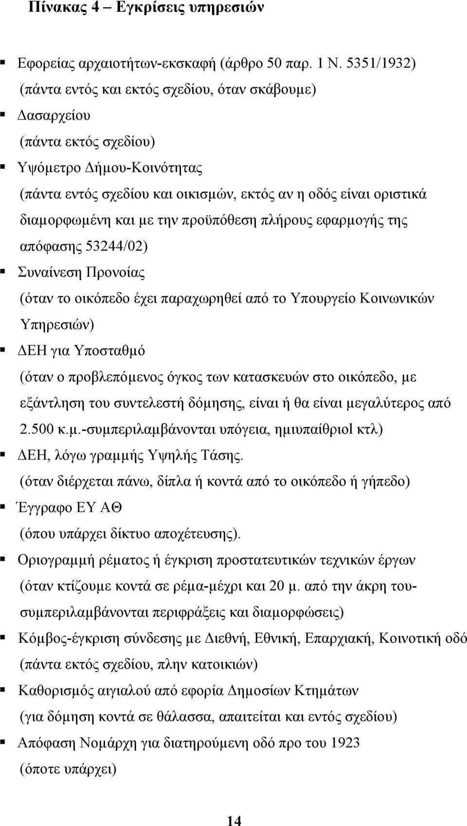 µε την προϋπόθεση πλήρους εφαρµογής της απόφασης 53244/02) Συναίνεση Προνοίας (όταν το οικόπεδο έχει παραχωρηθεί από το Υπουργείο Κοινωνικών Υπηρεσιών) ΕΗ για Υποσταθµό (όταν ο προβλεπόµενος όγκος