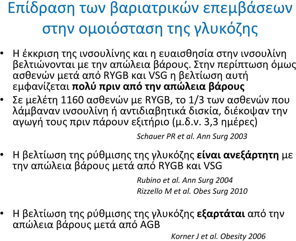 αντιδιαβητικά δισκία, διέκοψαν την αγωγή τους πριν πάρουν εξιτήριο(μ.δ.ν. 3,3 ημέρες) Schauer PR et al.