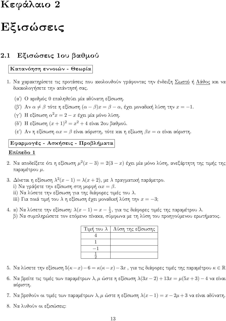 (δʹ) Η εξίσωση (x + ) = x + 4 είναι ου βαθμού. (εʹ) Αν η εξίσωση αx = β είναι αόριστη, τότε και η εξίωση βx = α είναι αόριστη. Εφαρμογές - Ασκήσεις - Προβλήματα Επίπεδο.