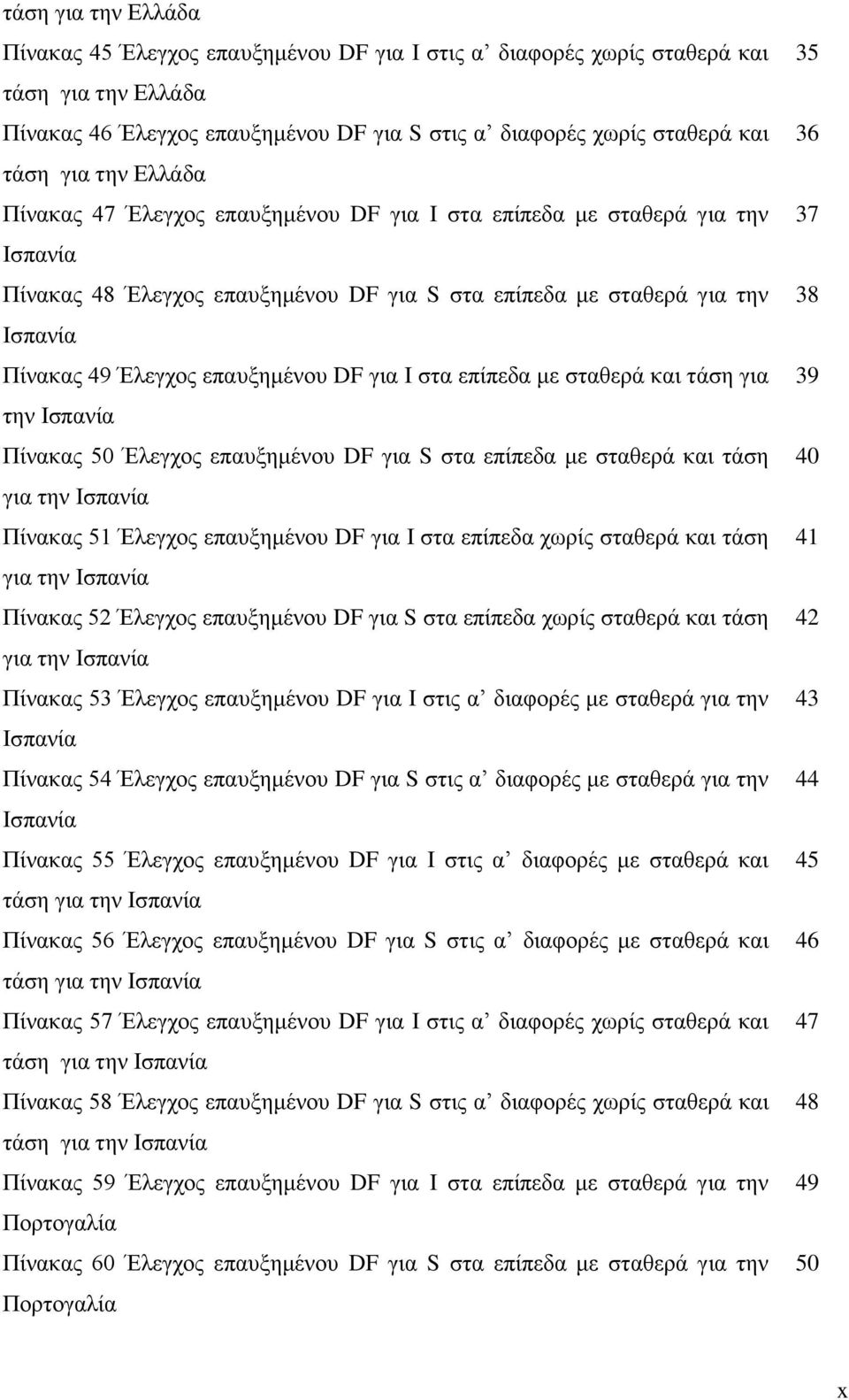 DF για I στα επίπεδα με σταθερά και τάση για την Ισπανία Πίνακας 50 Έλεγχος επαυξημένου DF για S στα επίπεδα με σταθερά και τάση για την Ισπανία Πίνακας 51 Έλεγχος επαυξημένου DF για Ι στα επίπεδα
