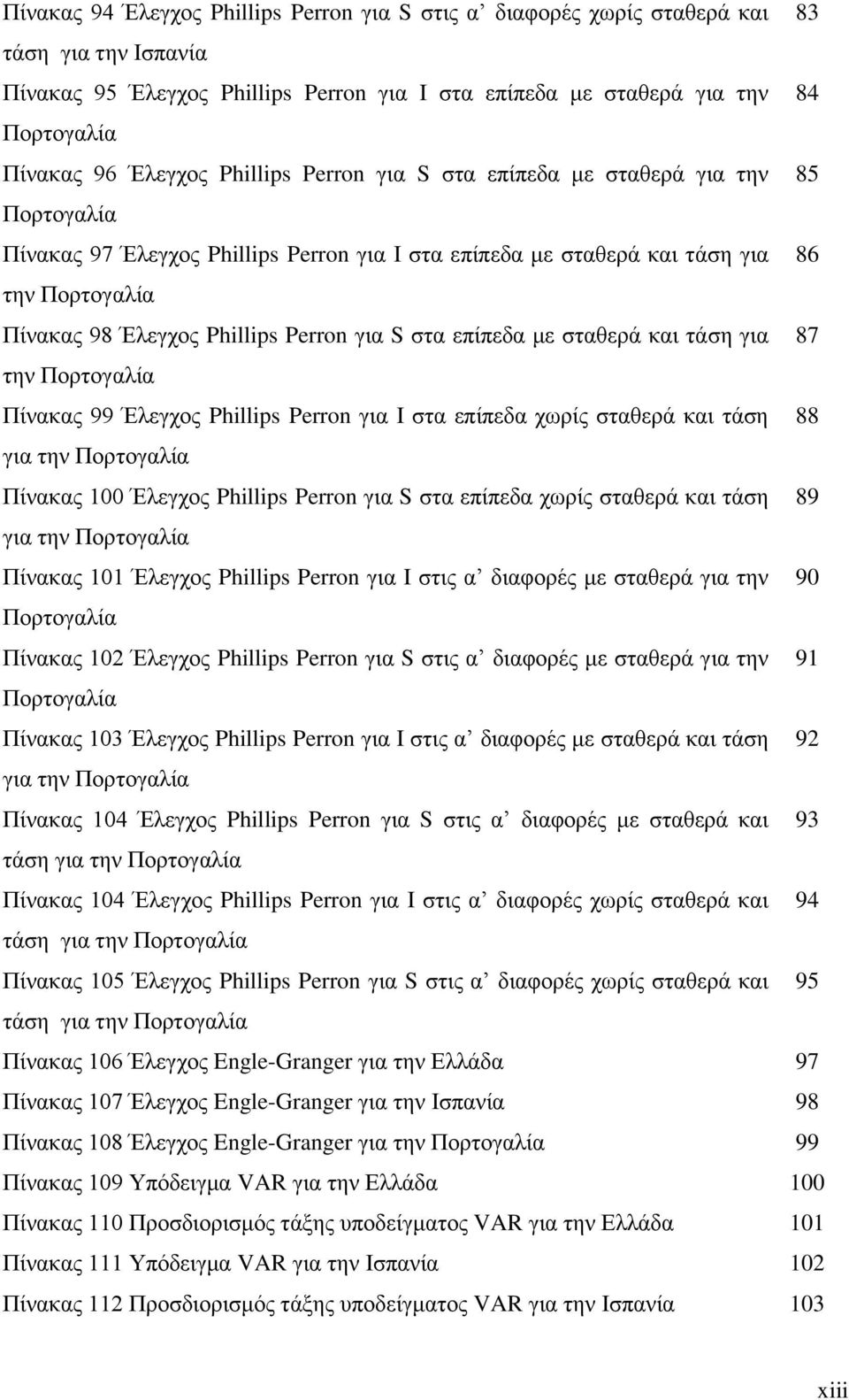 Perron για S στα επίπεδα με σταθερά και τάση για 87 την Πορτογαλία Πίνακας 99 Έλεγχος Phillips Perron για Ι στα επίπεδα χωρίς σταθερά και τάση 88 για την Πορτογαλία Πίνακας 100 Έλεγχος Phillips