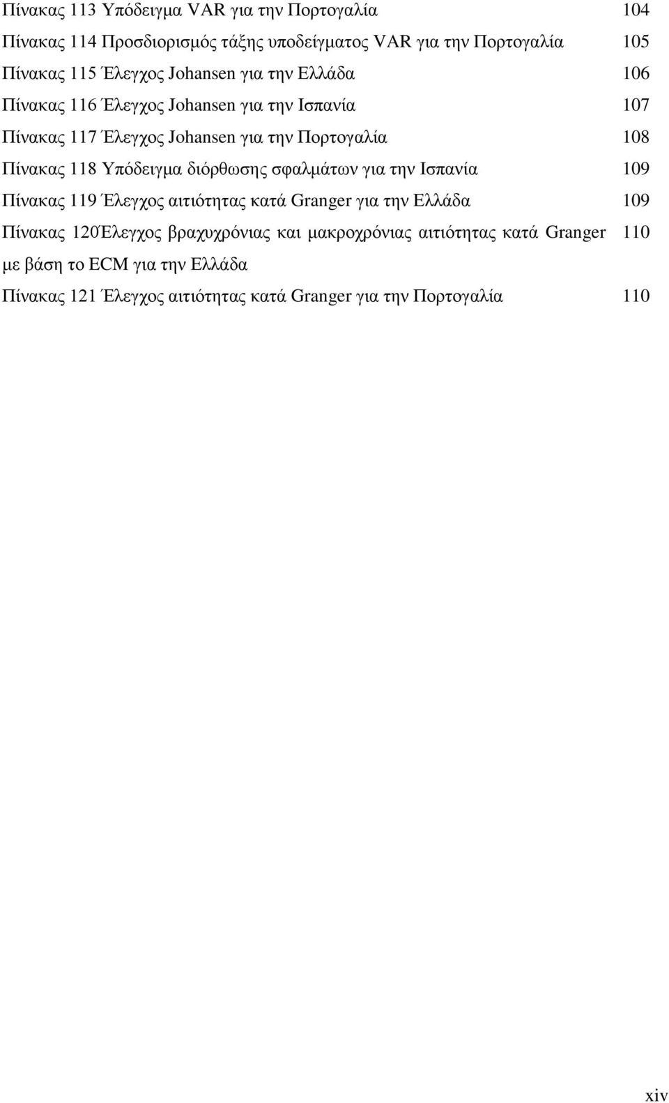 Υπόδειγμα διόρθωσης σφαλμάτων για την Ισπανία 109 Πίνακας 119 Έλεγχος αιτιότητας κατά Granger για την Ελλάδα 109 Πίνακας 120Έλεγχος