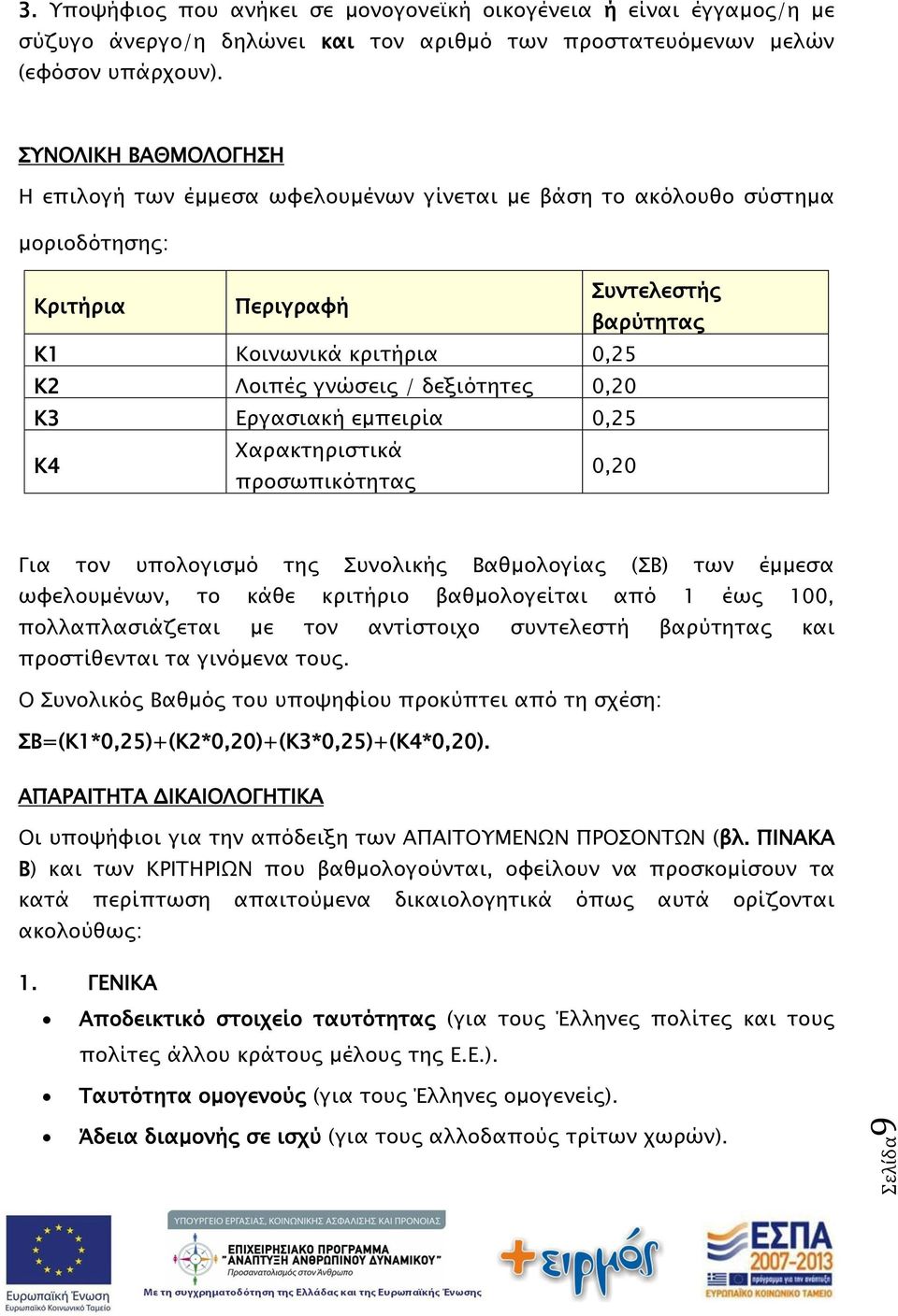 δεξιότητες 0,20 Κ3 Εργασιακή εμπειρία 0,25 Κ4 Χαρακτηριστικά προσωπικότητας 0,20 Για τον υπολογισμό της Συνολικής Βαθμολογίας (ΣΒ) των έμμεσα ωφελουμένων, το κάθε κριτήριο βαθμολογείται από 1 έως