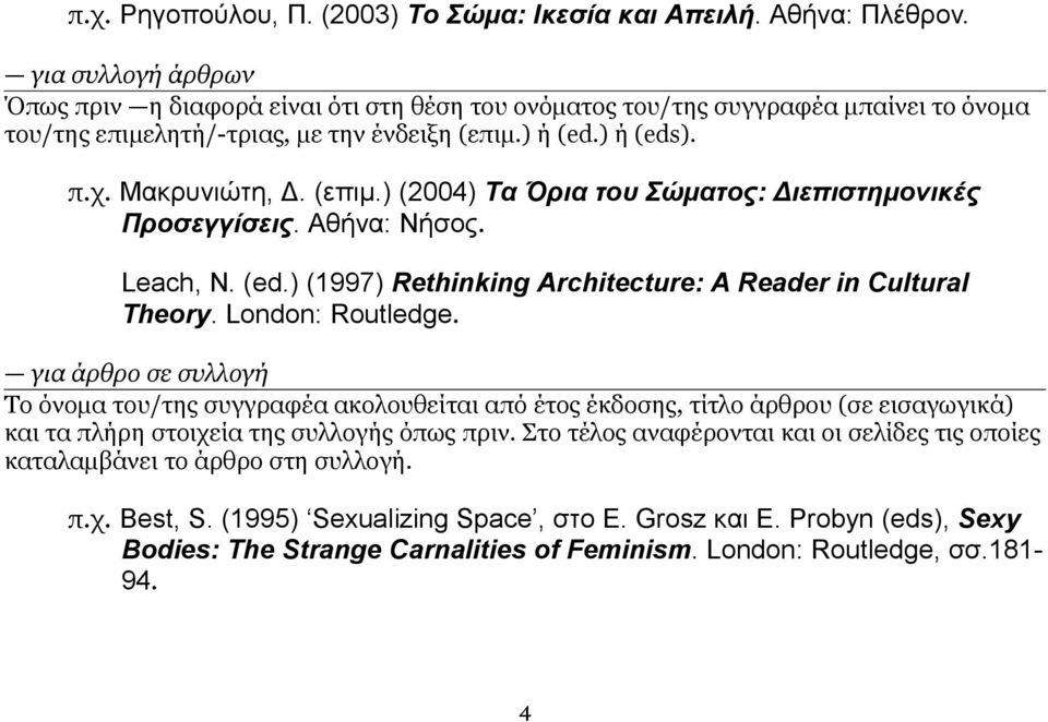 ) ή (ed.) ή (eds). π.χ. Μακρυνιώτη, Δ. (επιμ.) (2004) Τα Όρια του Σώματος: Διεπιστημονικές Προσεγγίσεις. Αθήνα: Νήσος. Leach, N. (ed.) (1997) Rethinking Architecture: A Reader in Cultural Theory.