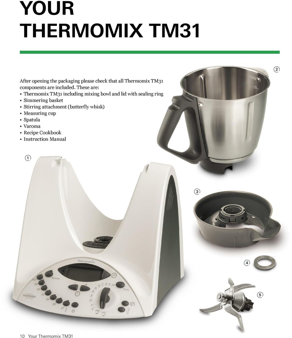 These are: Thermomix TM31 including mixing bowl and lid with sealing ring Simmering