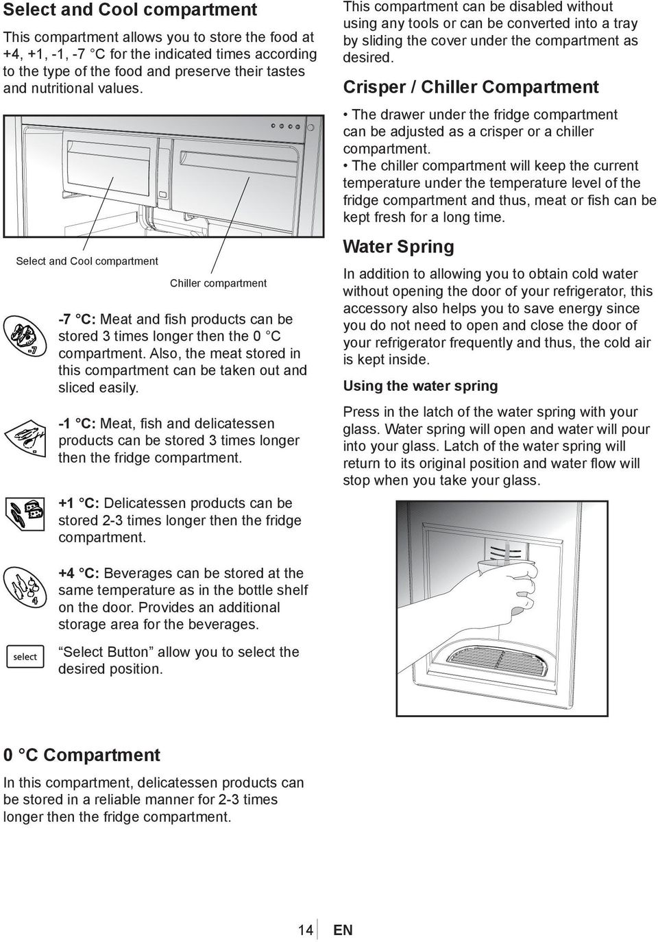 Also, the meat stored in this compartment can be taken out and sliced easily. -1 C: Meat, fish and delicatessen products can be stored 3 times longer then the fridge compartment.