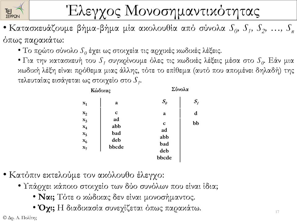 Εάν μια κωδική λέξη είναι πρόθεμα μιας άλλης, τότε το επίθεμα (αυτό που απομένει δηλαδή) της τελευταίας εισάγεται ως στοιχείο στο S.