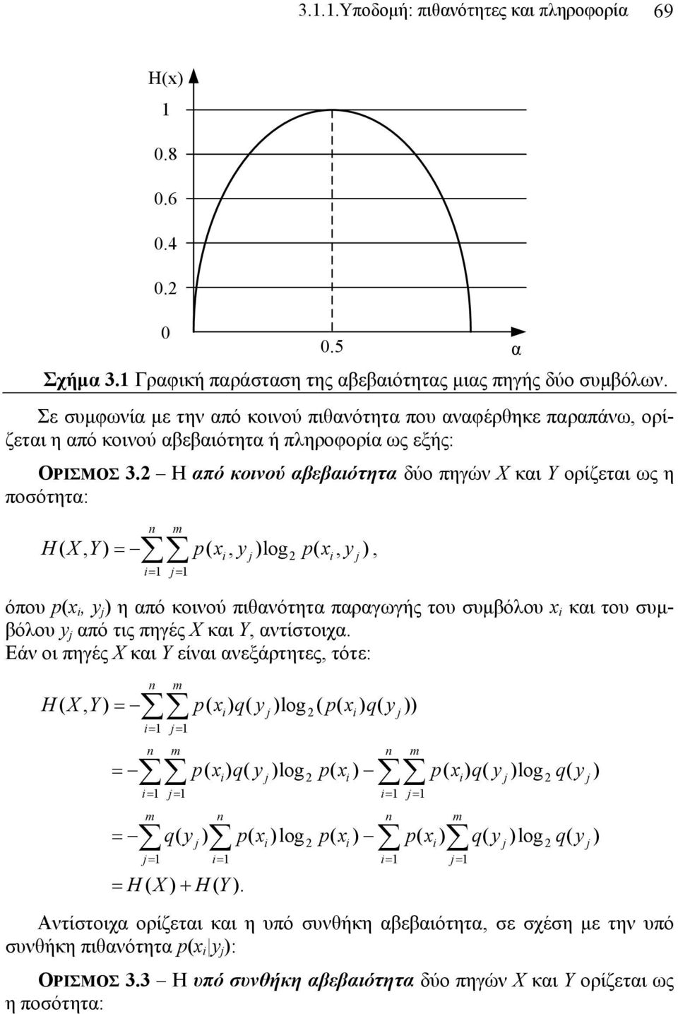 Η από κοινού αβεβαιότητα δύο πηγών X και Y ορίζεται ως η ποσότητα: =, n H( X, Y) ( x, y )log ( x, y ) i= j= i j i j όπου (x i, y j ) η από κοινού πιθανότητα παραγωγής του συμβόλου x i και του