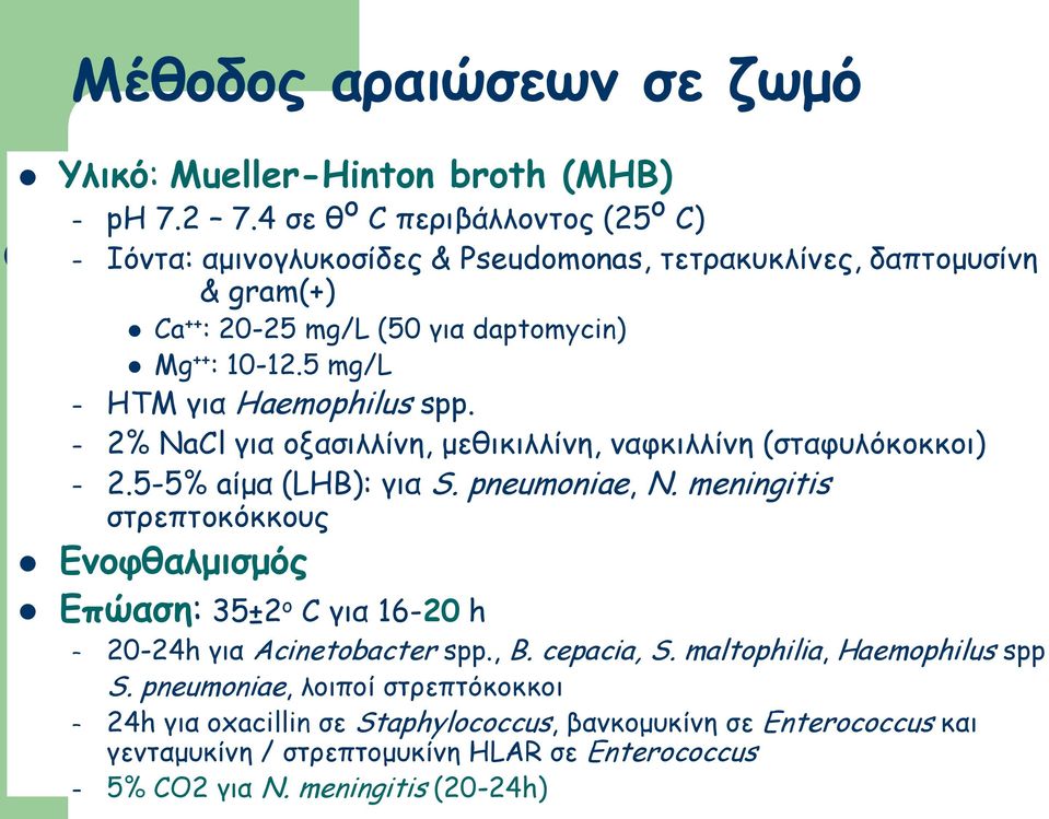 5 mg/l HTM για Haemophilus spp. 2% NaCl για οξασιλλίνη, μεθικιλλίνη, ναφκιλλίνη (σταφυλόκοκκοι) 2.5-5% aίμα (LHB): για S. pneumoniae, N.