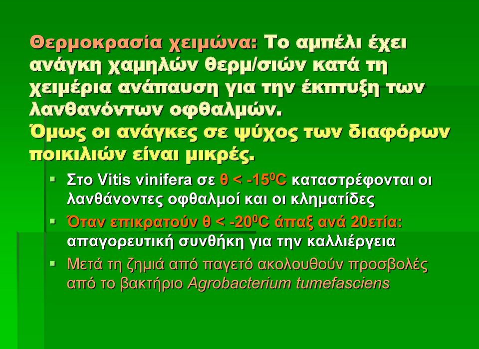 Στο Vitis vinifera σε θ < -15 0 C καταστρέφονται οι λανθάνοντες οφθαλμοί και οι κληματίδες Όταν επικρατούν θ <