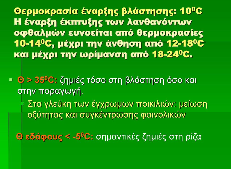 C. Θ > 35 0 C: ζημιές τόσο στη βλάστηση όσο και στην παραγωγή.