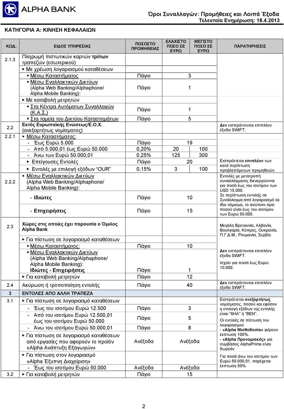 Πάγιο 1 Με καταβολή μετρητών Στα Κέντρα Αυτόματων Συναλλαγών (Κ.Α.Σ.) Πάγιο 1 Στα ταμεία του Δικτύου Καταστημάτων Πάγιο 5 Εκτός Ευρωπαϊκής Ενώσεως/Ε.Ο.Χ. Δεν εισπράττονται επιπλέον έξοδα SWIFT.