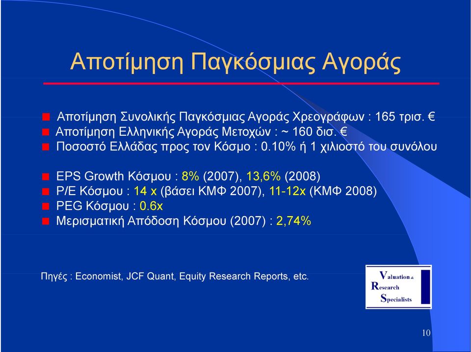 10% ή 1 χιλιοστό του συνόλου EPS Growth Κόσµου : 8% (2007), 13,6% (2008) P/E Κόσµου µ : 14 x (βάσει ΚΜΦ