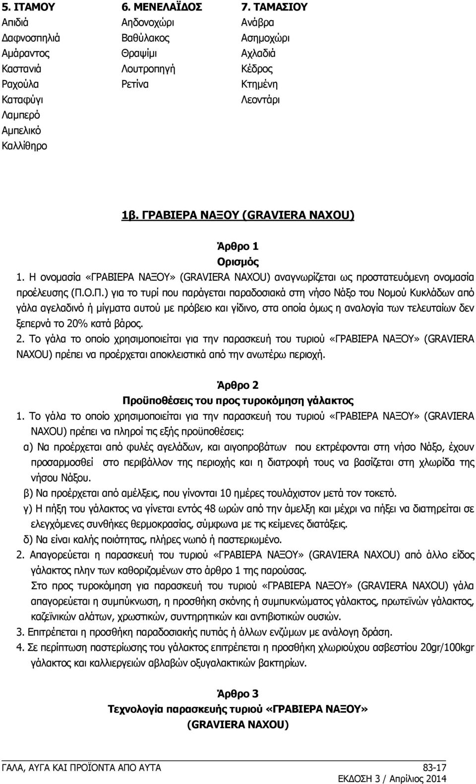 ΓPABIEPA NAΞOY (GRAVIERA NAXOU) Άρθρο 1 Oρισμός 1. H ονομασία «ΓPABIEPA NAΞOY» (GRAVIERA NAXOU) αναγνωρίζεται ως προστατευόμενη ονομασία προέλευσης (Π.