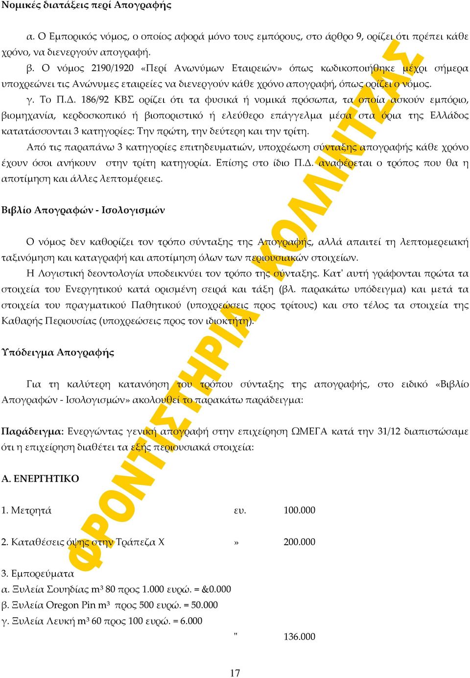 186/92 KBΣ ορίζει ότι τα φυσικά ή νομικά πρόσωπα, τα οποία ασκούν εμπόριο, βιομηχανία, κερδοσκοπικό ή βιοποριστικό ή ελεύθερο επάγγελμα μέσα στα όρια της Ελλάδος κατατάσσονται 3 κατηγορίες: Την