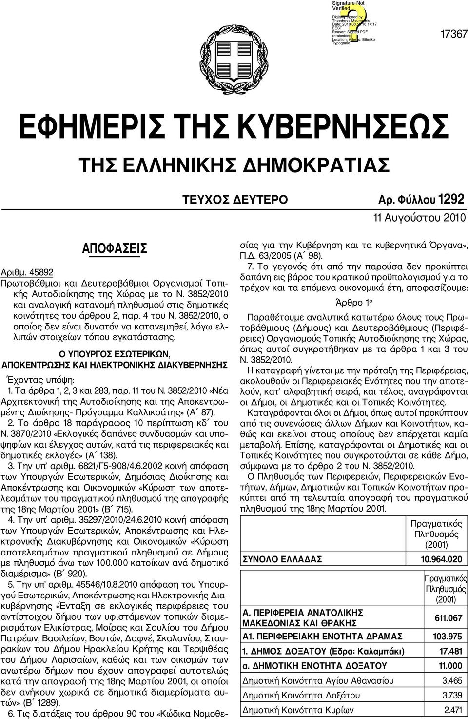 3852/2010, ο οποίος δεν είναι δυνατόν να κατανεμηθεί, λόγω ελ λιπών στοιχείων τόπου εγκατάστασης. Ο ΥΠΟΥΡΓΟΣ ΕΣΩΤΕΡΙΚΩΝ, ΑΠΟΚΕΝΤΡΩΣΗΣ ΚΑΙ ΗΛΕΚΤΡΟΝΙΚΗΣ ΔΙΑΚΥΒΕΡΝΗΣΗΣ Έχοντας υπόψη: 1.