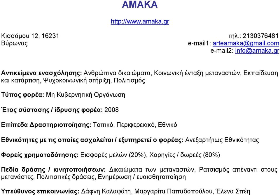 Επίπεδα Δραστηριοποίησης: Τοπικό, Περιφερειακό, Εθνικό Εθνικότητες με τις οποίες ασχολείται / εξυπηρετεί ο φορέας: Ανεξαρτήτως Εθνικότητας Φορείς χρηματοδότησης: Εισφορές μελών