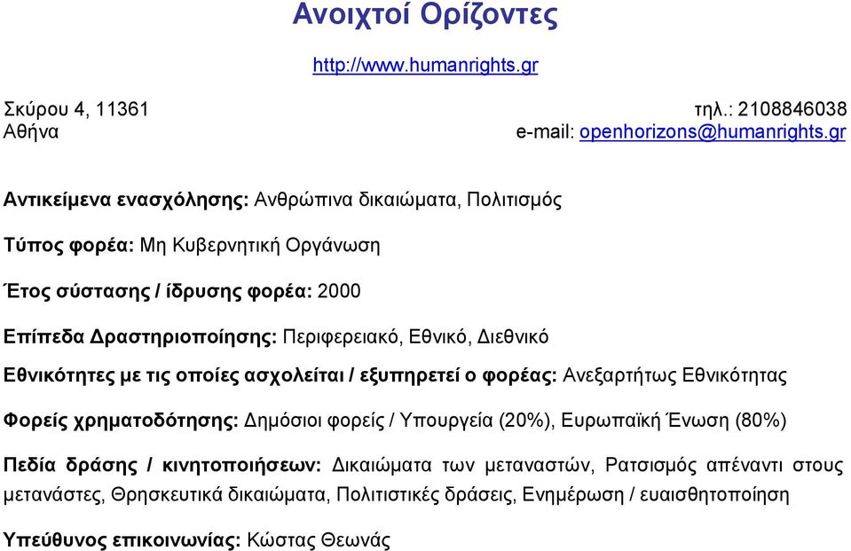 Εθνικότητες με τις οποίες ασχολείται / εξυπηρετεί ο φορέας: Ανεξαρτήτως Εθνικότητας Φορείς χρηματοδότησης: Δημόσιοι φορείς / Υπουργεία (20%), Ευρωπαϊκή Ένωση