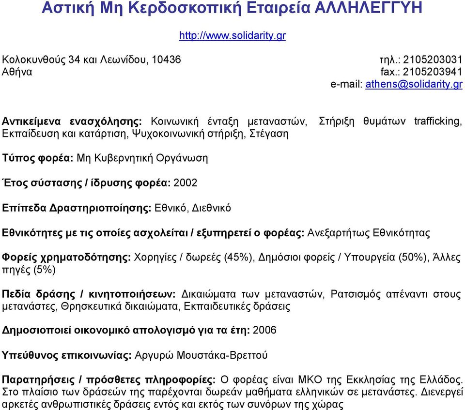 Δραστηριοποίησης: Εθνικό, Διεθνικό Εθνικότητες με τις οποίες ασχολείται / εξυπηρετεί ο φορέας: Ανεξαρτήτως Εθνικότητας Φορείς χρηματοδότησης: Χορηγίες / δωρεές (45%), Δημόσιοι φορείς / Υπουργεία