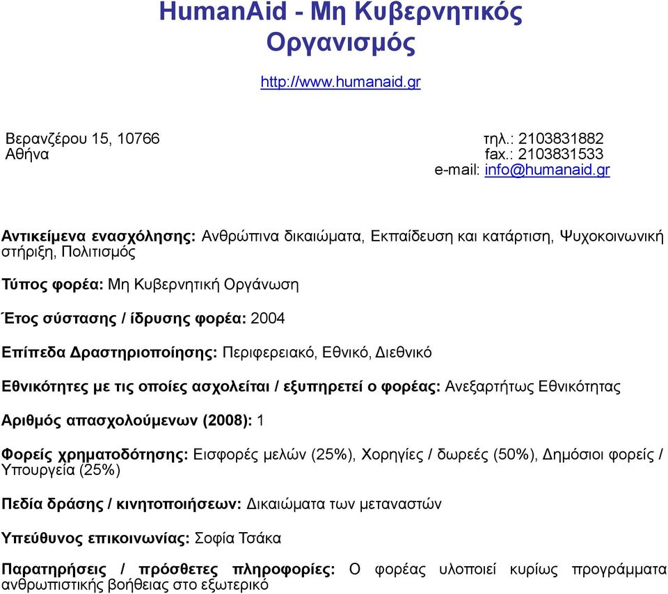 Εθνικό, Διεθνικό Εθνικότητες με τις οποίες ασχολείται / εξυπηρετεί ο φορέας: Ανεξαρτήτως Εθνικότητας Αριθμός απασχολούμενων (2008): 1 Φορείς χρηματοδότησης: Εισφορές μελών (25%), Χορηγίες /