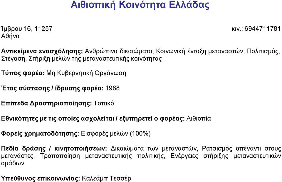 κοινότητας Έτος σύστασης / ίδρυσης φορέα: 1988 Επίπεδα Δραστηριοποίησης: Τοπικό Εθνικότητες με τις οποίες ασχολείται / εξυπηρετεί ο φορέας: Αιθιοπία