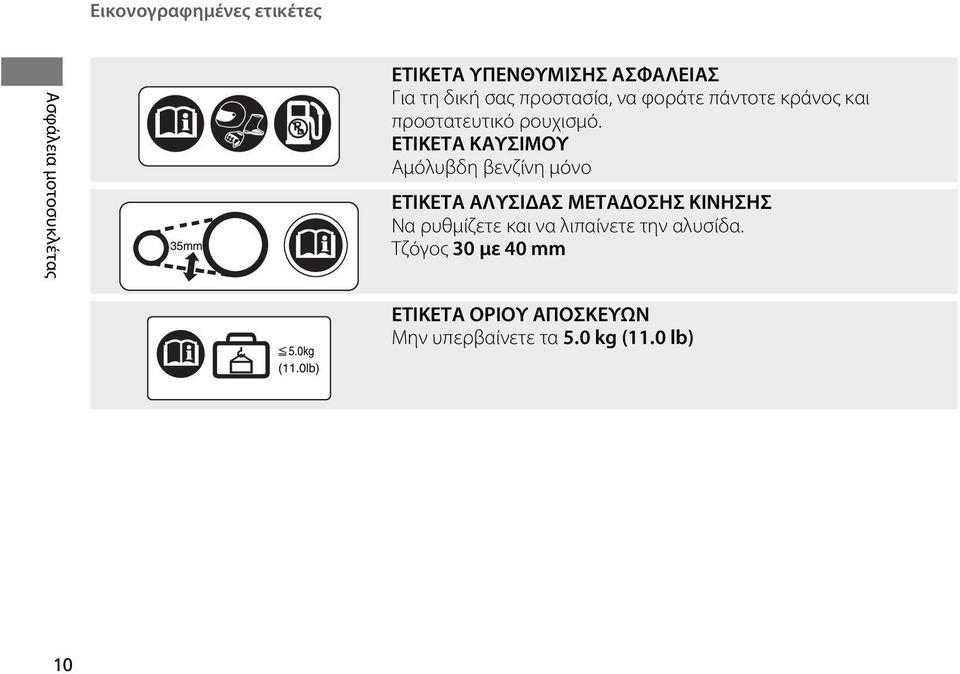 ΕΤΙΚΕΤΑ ΚΑΥΣΙΜΟΥ Αμόλυβδη βενζίνη μόνο ΕΤΙΚΕΤΑ ΑΛΥΣΙΔΑΣ ΜΕΤΑΔΟΣΗΣ ΚΙΝΗΣΗΣ Να ρυθμίζετε