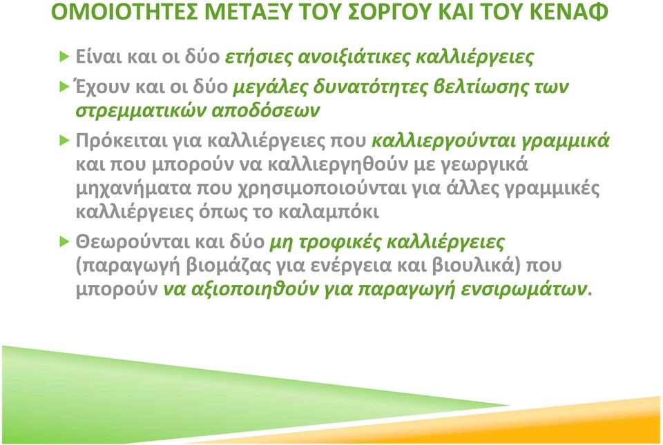 καλλιεργηθούν με γεωργικά μηχανήματα που χρησιμοποιούνται για άλλες γραμμικές καλλιέργειες όπως το καλαμπόκι Θεωρούνται και