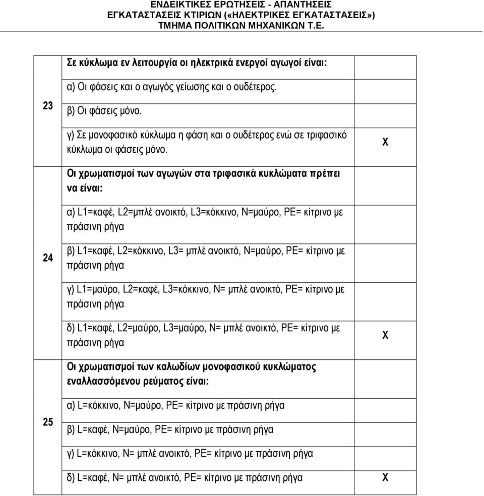 Οι χρωματισμοί των αγωγών στα τριφασικά κυκλώματα πρέπει να είναι: α) L1=καφέ, L2=μπλέ ανοικτό, L3=κόκκινο, Ν=μαύρο, PΕ= κίτρινο με πράσινη ρήγα 24 β) L1=καφέ, L2=κόκκινο, L3= μπλέ ανοικτό, Ν=μαύρο,