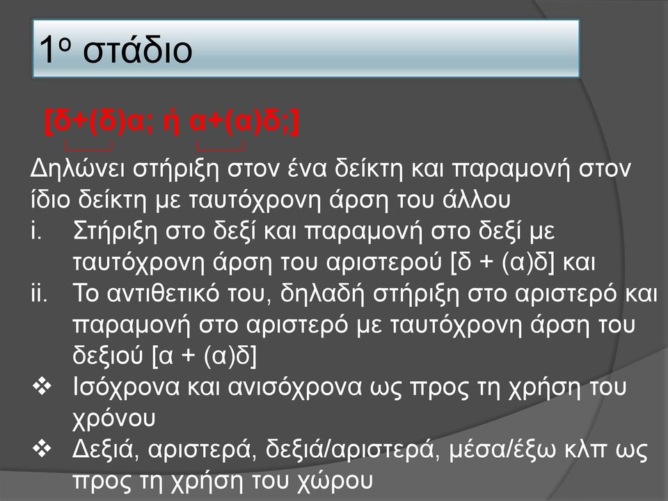 Το αντιθετικό του, δηλαδή στήριξη στο αριστερό και παραμονή στο αριστερό με ταυτόχρονη άρση του δεξιού [α + (α)δ]