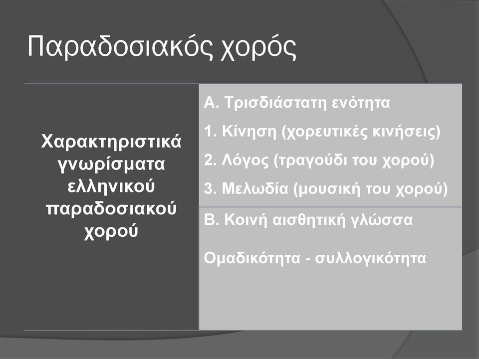 παραδοσιακού χορού 1. Κίνηση (χορευτικές κινήσεις) 2.