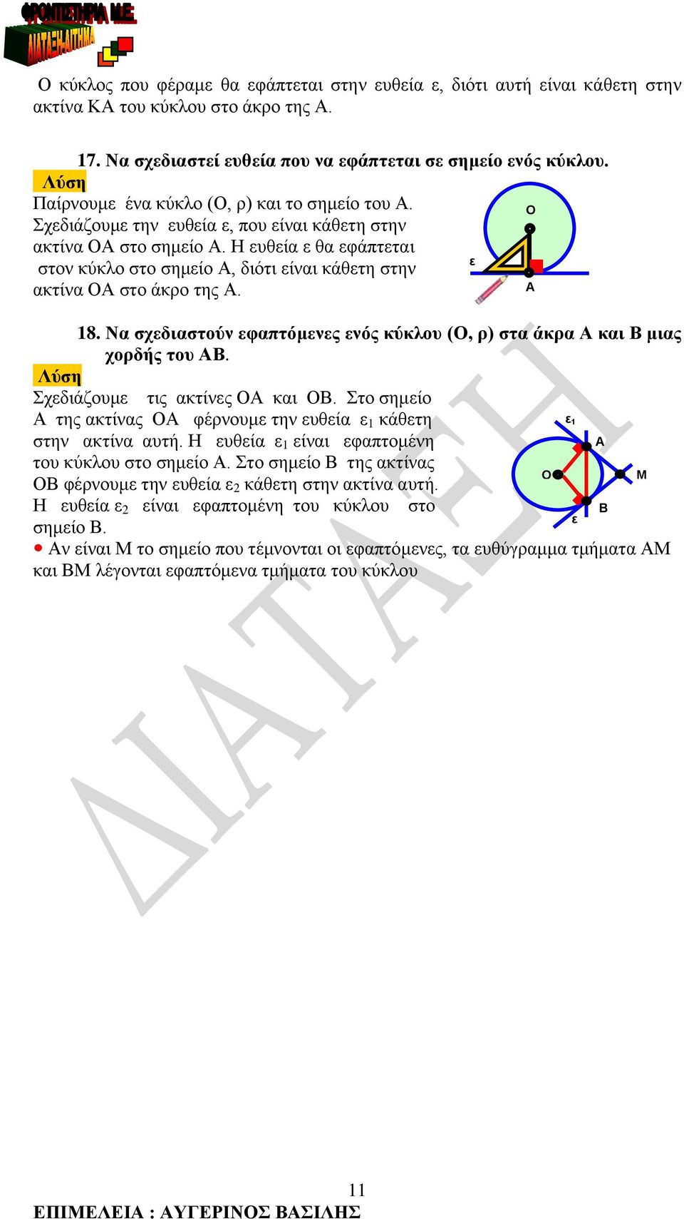 Να σχδιαστούν φαπτόμνς νός κύκλου (, ρ) στα άκρα και μιας χορδής του. Σχδιάζουμ τις ακτίνς και. Στο σημίο της ακτίνας φέρνουμ την υθία 1 κάθτη 1 στην ακτίνα αυτή.